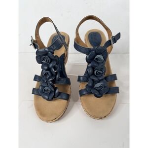 Born Concept Women's Leather Wedge Sandals 8M Navy Floral Cork Heel